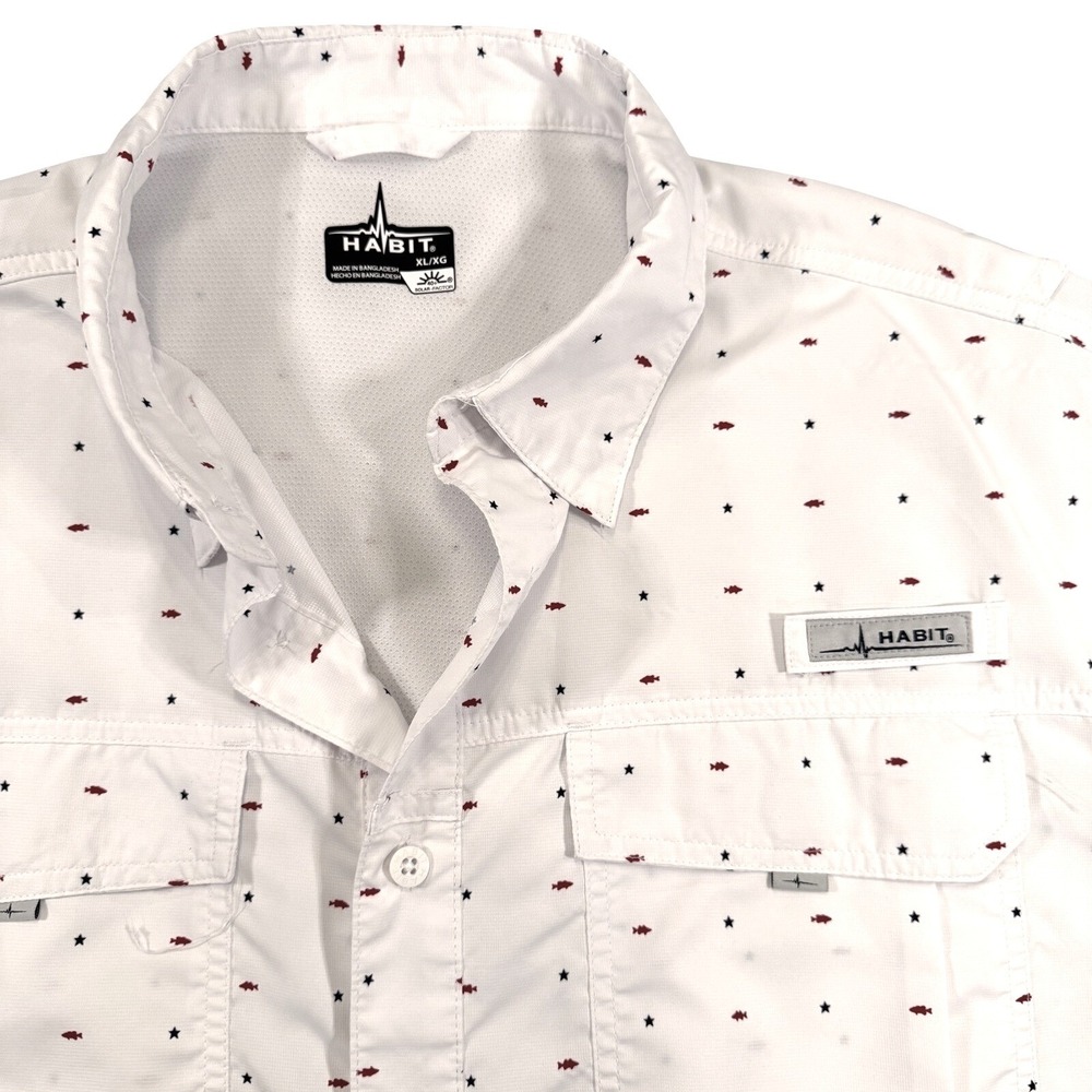 Habit‎ Mens Patriotic White Fishing Shirt Short Slv UPF 40+ Button Down Sz XL